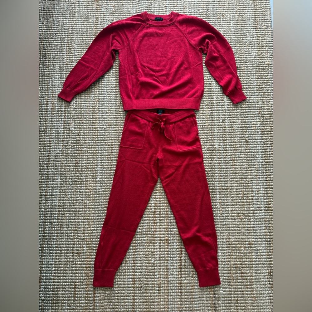 J. Crew Cotton-Cashmere Pullover Sweatshirt & Jogger Pant Set, Ruby Red, XS